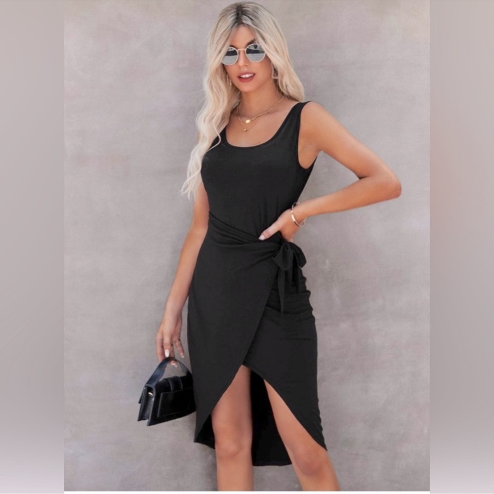 NWT XLURA Rouched Wrap Tie Waist Black Sleeveless Tank Dress XL